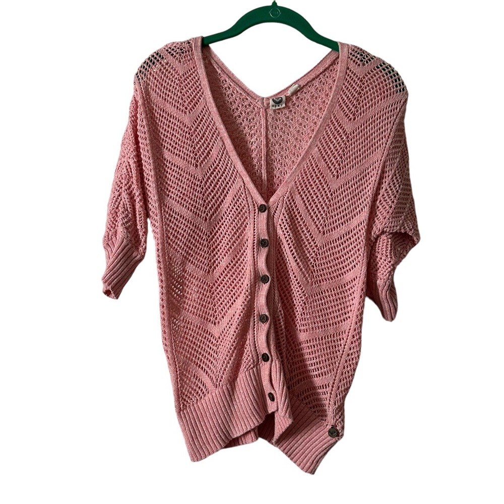 Roxy Womens Size S Small Coral Open Knit Button Cardigan Sweater Cotton